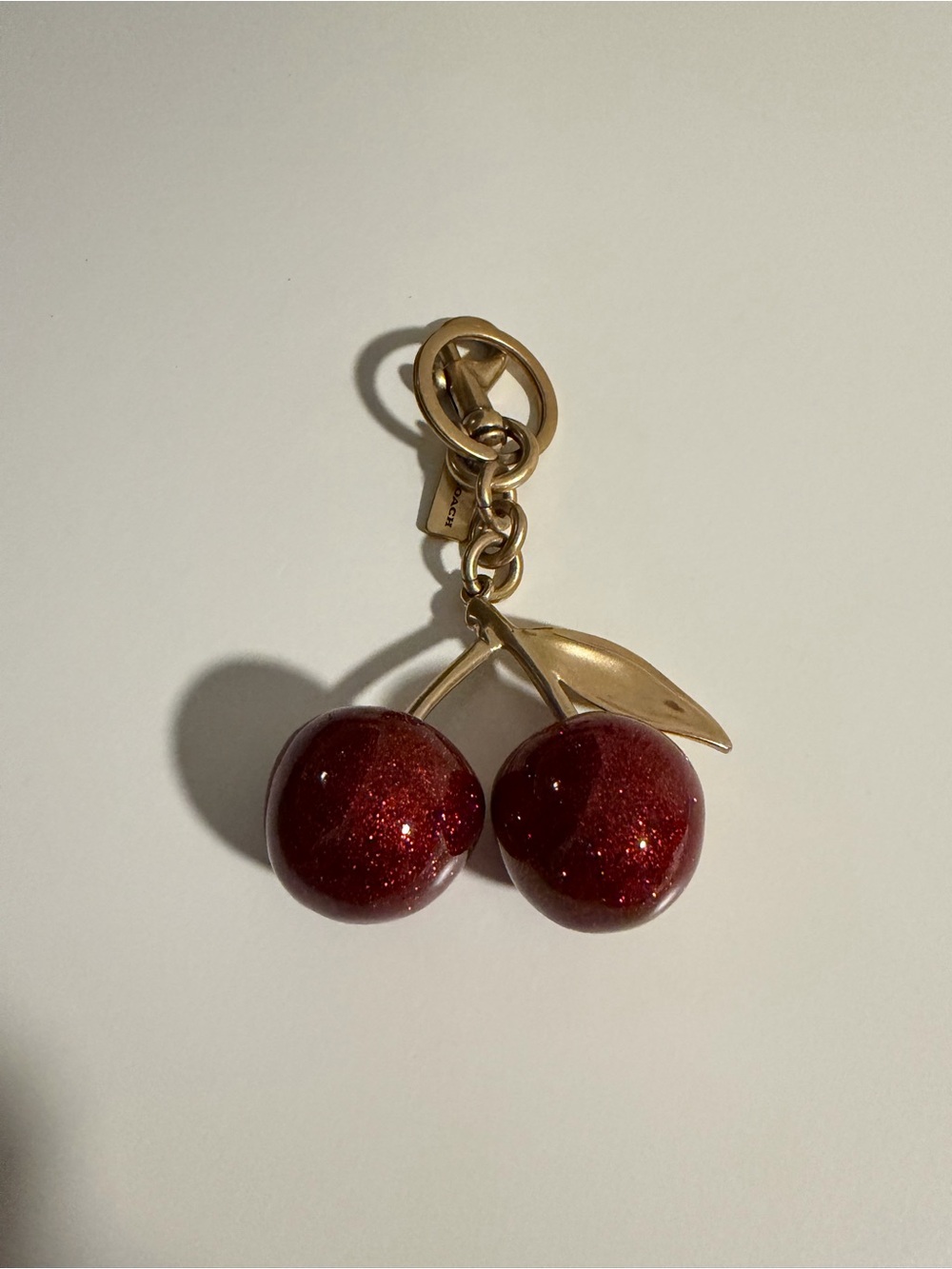 Gold Cherry Charm Keychain with Red Glitter Cherries